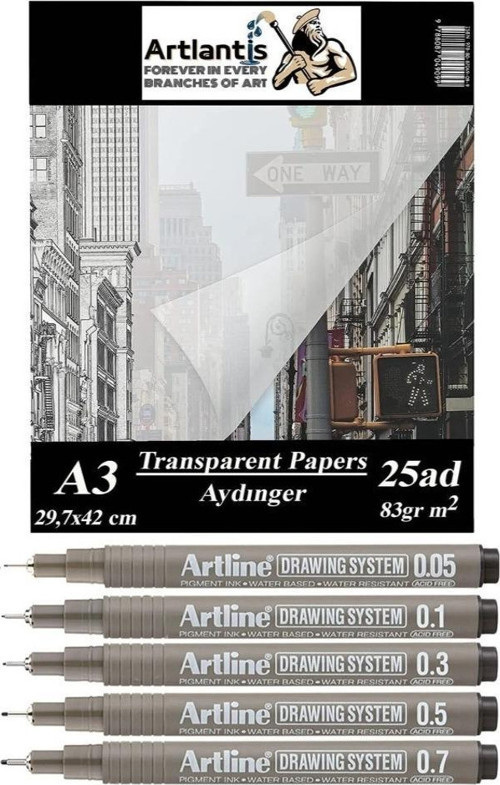 Aydınger Kağıdı A3 83 gr 25'li 1 Paket Eskiz Kağıdı Artline Teknik Çizim Kalemi Drawing System 5 Adet