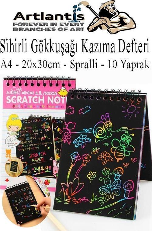 Sihirli Gökkuşağı Kazıma Defteri A4 20x30 cm 1 Paket 10 Sayfa Scratch Note Spralli Siyah Sihirli Resim Defteri