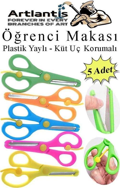 Renkli Öğrenci Makası 5 Adet Plastik Yaylı Küt Uç Korumalı Okul Makası Çocuk Makası Okul Öncesi Kreş Ana Sınıfı