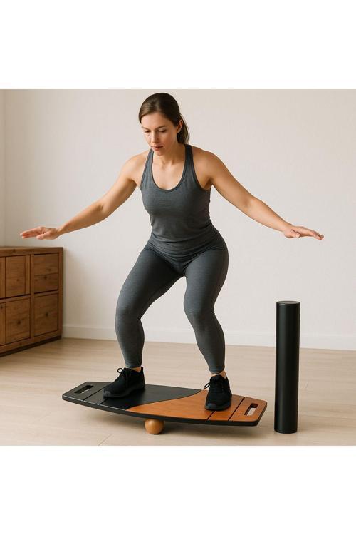Siyah/Kahve Denge Tahtası Balance Roller Board Çift Fonksiyonlu Sörf/Kaykay Eğitim Tahtası