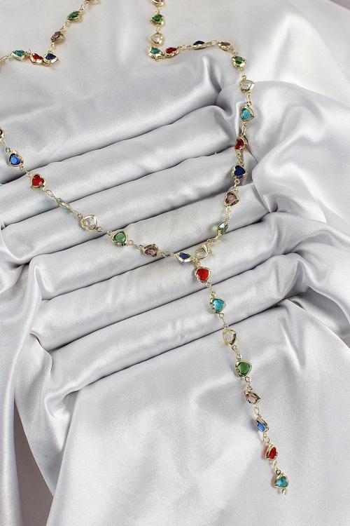 Pirinç Gold Renk Karışık Renk Zirkon Taşlı Kalpli Y Kadın Kolye SL12285