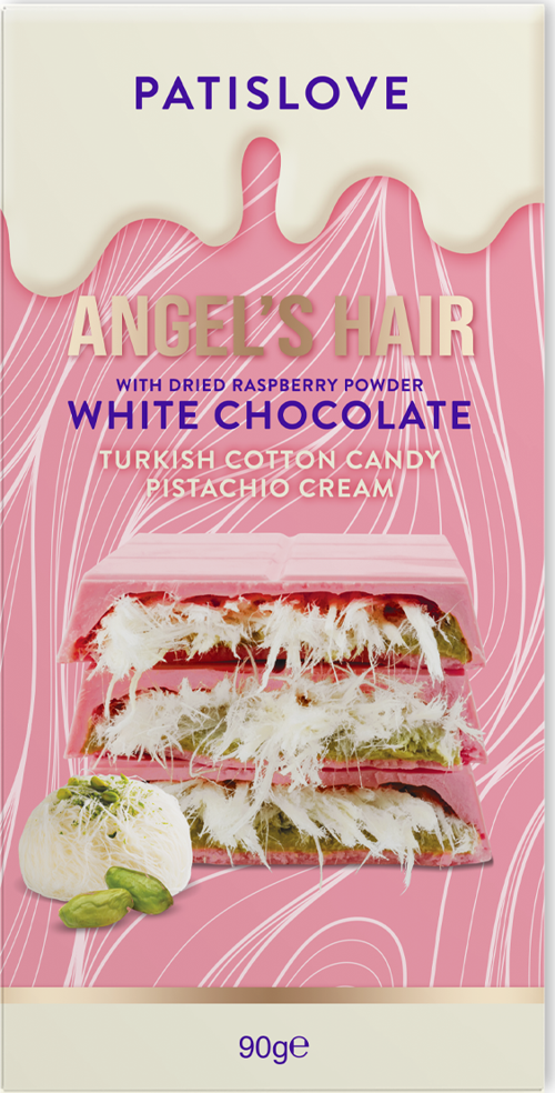 Patislove Antep Fıstığı Kremalı ve Pişmaniye Dolgulu Frambuaz Tozlu Beyaz Çikolata, 90G