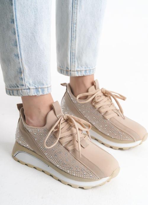 ALYA Bağcıklı Ortopedik Taban Taşlı Kadın Sneaker Spor Ayakkabı CBT - Krem