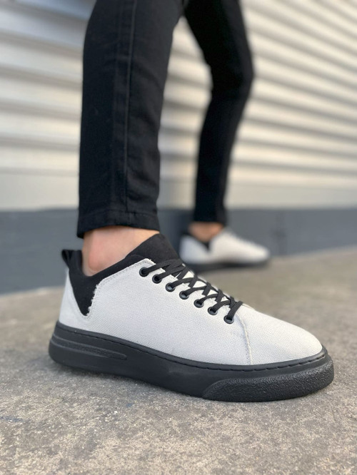 JY204 Flex Bağcıklı Keten Kumaş Erkek Günlük Sneaker Ayakkabı KST - Beyaz/Siyah