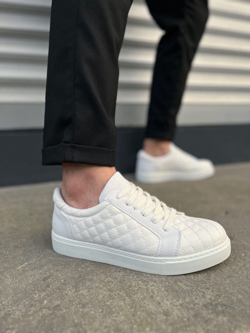 JY166 Prestige Bağcıklı Cilt Kapitone Desenli Erkek Günlük Sneaker Ayakkabı CBT - Beyaz