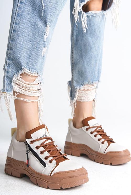 AGATHA Bağcıklı Fermuarlı Ortopedik Taban Kadın Sneaker Spor Ayakkabı CTT - Krem