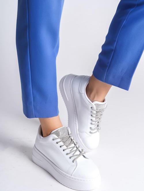 DELLA Bağcıklı Ortopedik Taban Taşlı Kadın Sneaker Spor Ayakkabı CBT - Beyaz