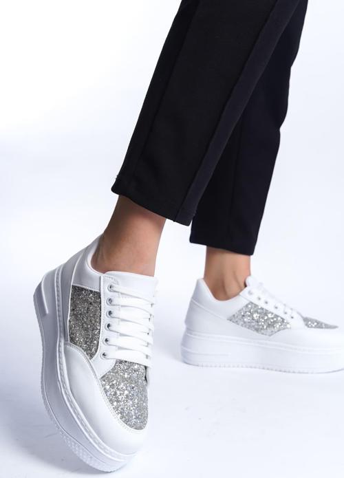 MIPA Bağcıklı Ortopedik Taban Simli Kadın Sneaker Spor Ayakkabı  CBT - Beyaz