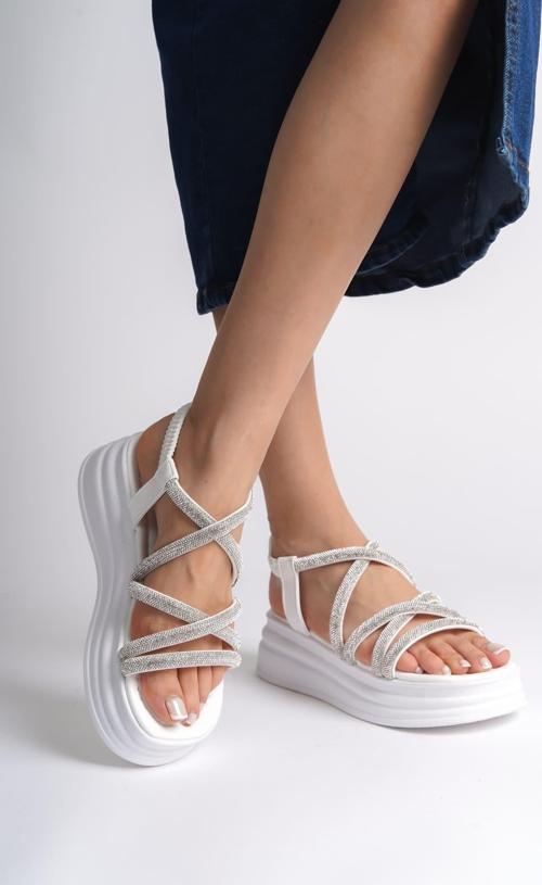 ELENA Lastikli Taşlı Şeritli Ortopedik Taban Kadın Sandalet  CBT - Beyaz