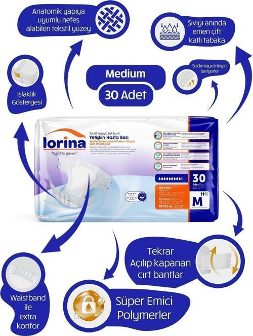 Tekstil Yüzeyli Bel Bantlı Yetişkin Hasta Bezi Medium 30'Lu Paket