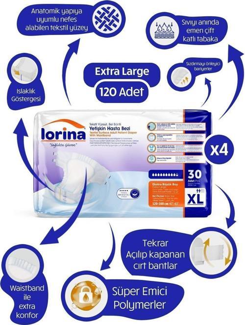 Tekstil Yüzeyli Bel Bantlı Yetişkin Hasta Bezi Xlarge 30'Lu 4 Paket 120 Adet