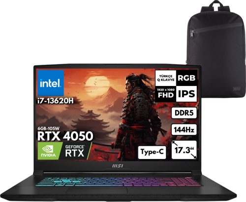 Katana 17 i7-13620H 48 -GBDDR5 4 TBSSD RTX4050 (8GB-105W) 17.3" FHD 144Hz Windows 11 Pro + HMF Sırt Çantası B13VEK-1035XTRHMF34