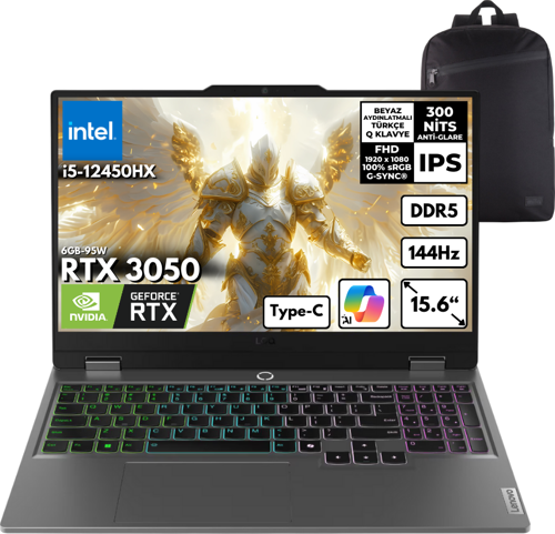 LOQ i5-12450HX 24-GBDDR5 2 TBSSD RTX3050 (6GB-95W) 15.6" 144Hz Freedos + Sırt Çantası 83GS00Q8TRHMF11