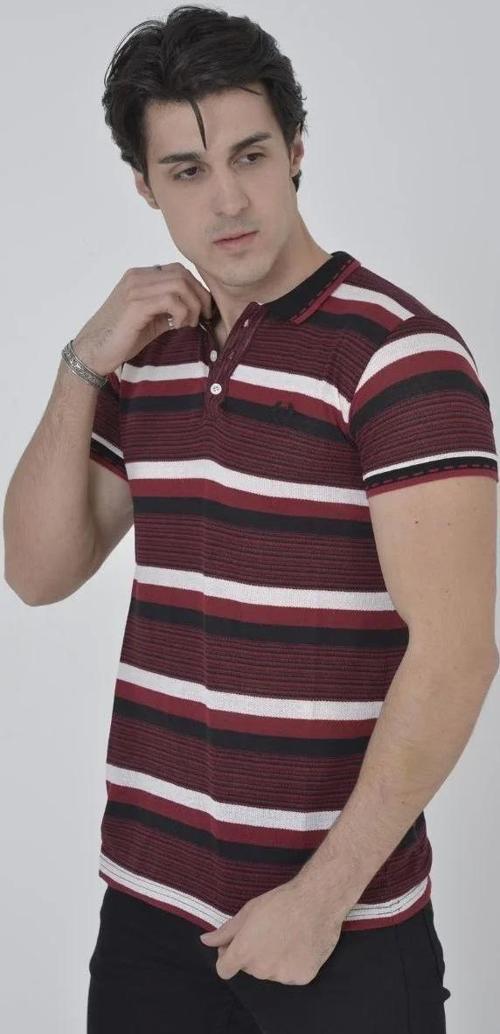 Erkek Yakalı Slim Fit Dokuma Çizgili T-Shirt - Bordo