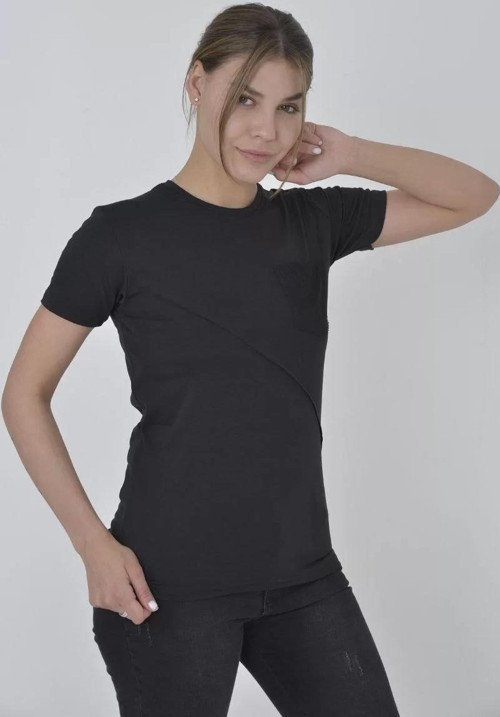 Kadın File Cepli Slim fit T-shirt - Siyah