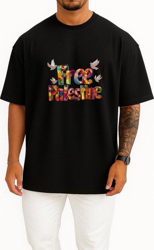 Oversize Free Palestine Göğüs Tasarımlı Unisex T-Shirt