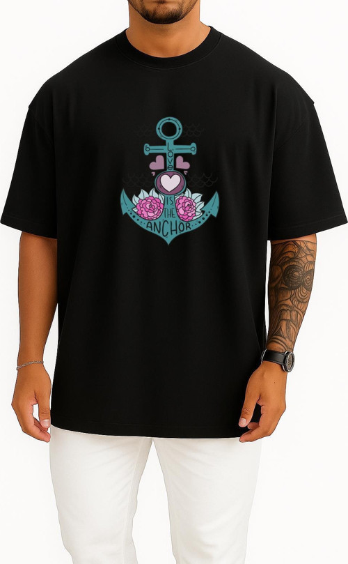 Oversize Love İs The Anchor Göğüs Tasarımlı Unisex T-Shirt