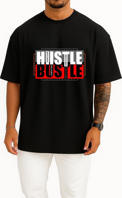 Oversize Hustle & Bustle Göğüs Tasarımlı Unisex T-Shirt