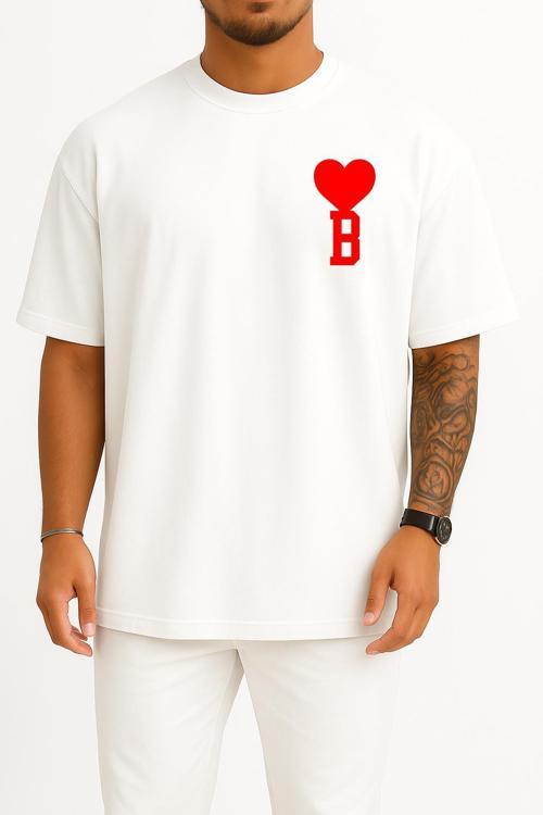 Oversize Kalp Ve B Harfi Cep Tasarımlı Unisex T-Shirt