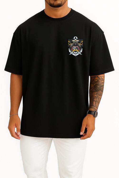 Oversize Mustache Skull Pirate Cep Tasarımlı Unisex T-Shirt