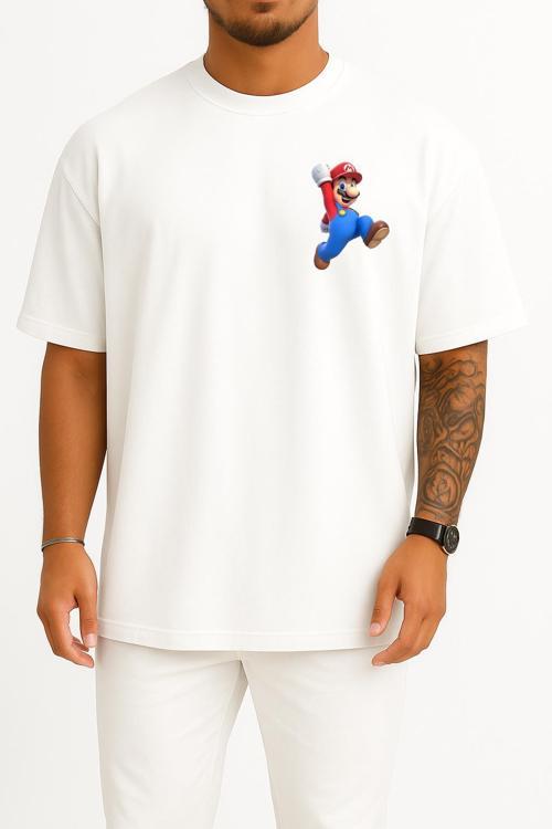 Oversize Süper Mario Cep Tasarımlı Unisex T-Shirt