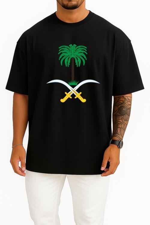 Oversize Cartoon Palm Tree Saudi Arabia Göğüs Tasarımlı Unisex T-Shirt