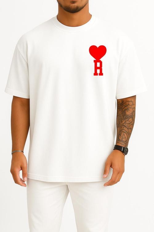 Oversize Kalp Ve R Harfi Cep Tasarımlı Unisex T-Shirt