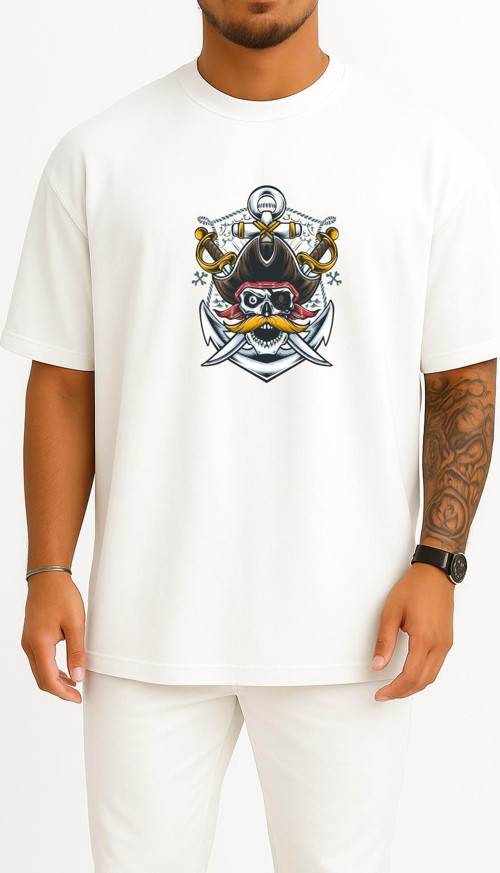 Oversize Mustache Skull Pirate Göğüs Tasarımlı Unisex T-Shirt