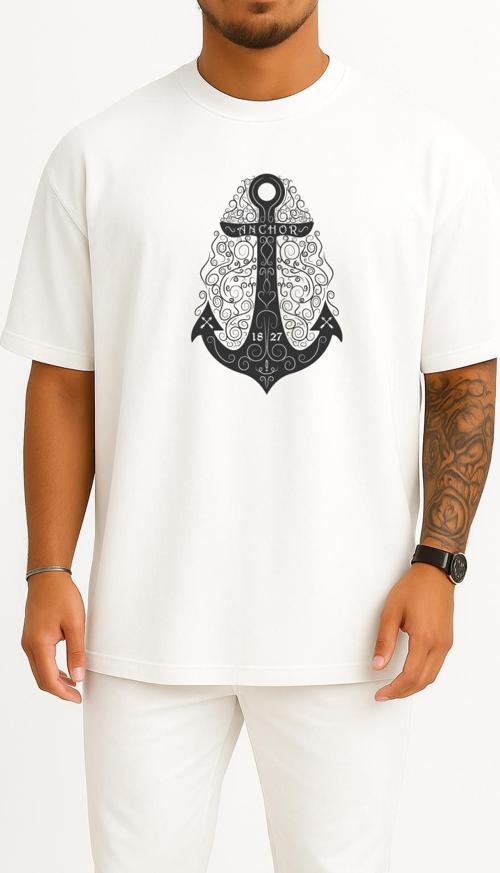 Oversize Vintage Anchor Göğüs Tasarımlı Unisex T-Shirt