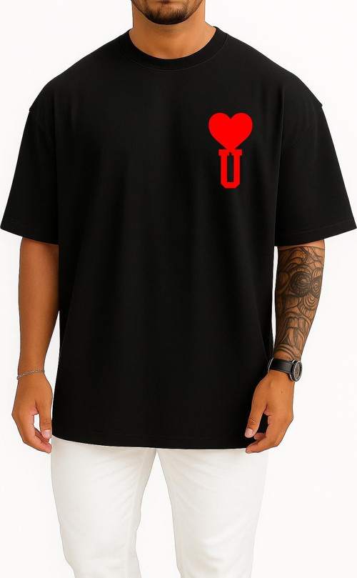 Oversize Kalp Ve U Harfi Cep Tasarımlı Unisex T-Shirt