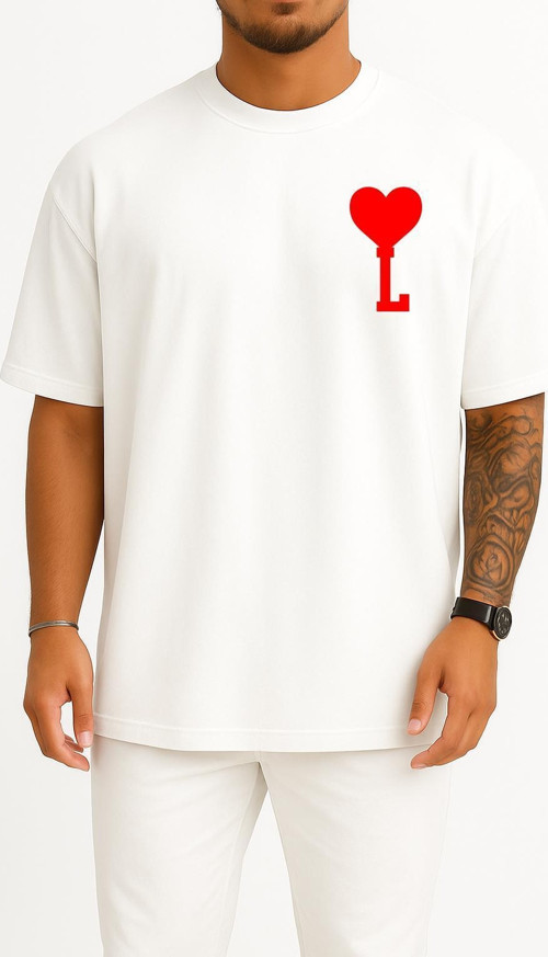 Oversize Kalp Ve L Harfi Cep Tasarımlı Unisex T-Shirt