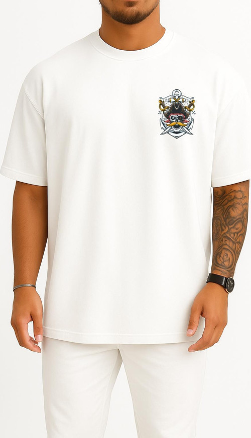Oversize Mustache Skull Pirate Cep ve Sırt Tasarımlı Unisex T-Shirt