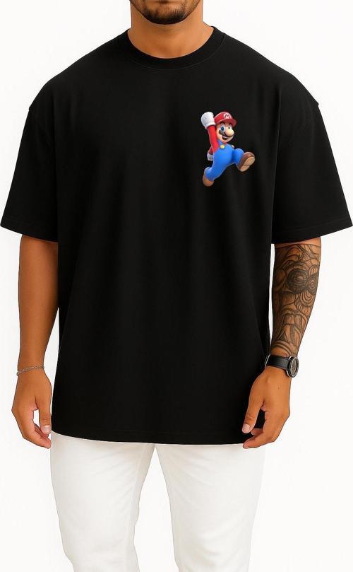 Oversize Süper Mario Cep Tasarımlı Unisex T-Shirt