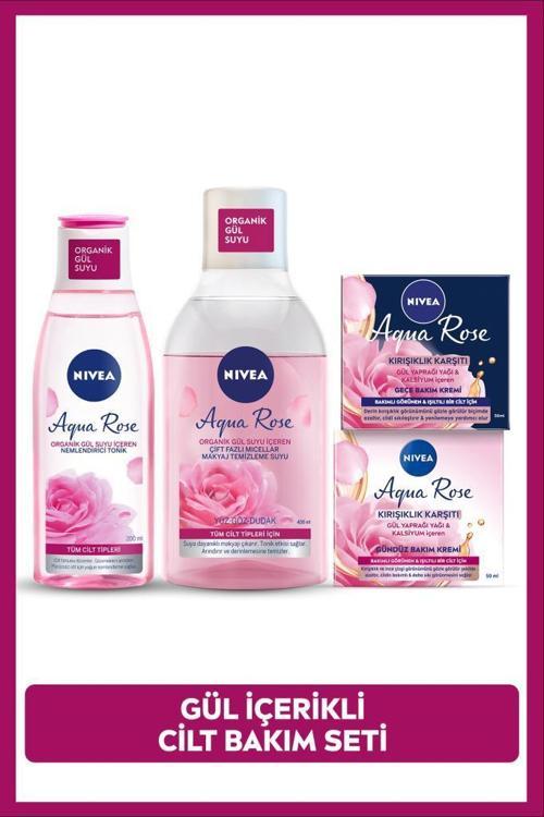 Aqua Rose Gül Suyu İçeren Çeyiz Seti, Makyaj Temizleme Suyu 400ml, Tonik 200ml, Gündüz ve Gece Kremi