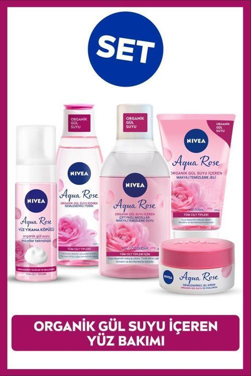 Aqua Rose Gül Suyu İçerikli Çeyiz Seti, Makyaj Temizleme Suyu ve Jeli, Yüz Yıkama Köpüğü, Tonik,Krem