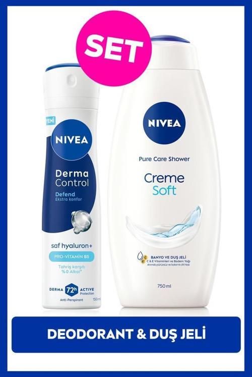 Kadın Sprey Deodorant Derma Control Defend150ml ve Creme Soft Kremsi Dokunuş Duş Jeli 750ml,Hyaluron