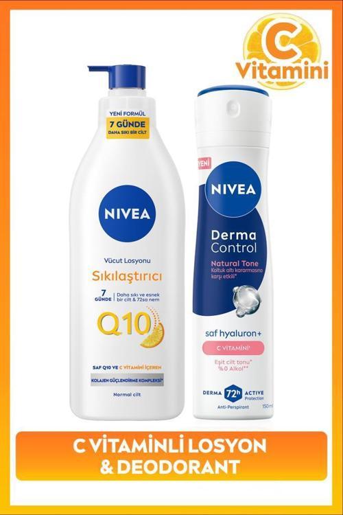 Kadın Sprey Deodorant Derma Control Natural Tone 150ml ve Q10 Sıkılaştırıcı Losyon 400ml, C Vitamini