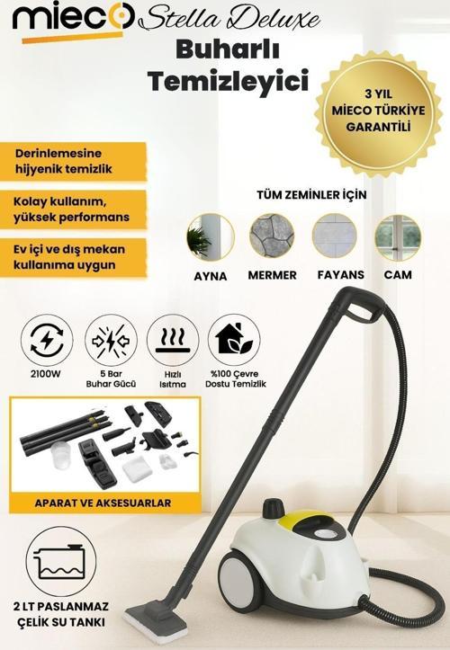 Stella Deluxe  5 Bar/ 2100W / Çok Fonksiyonlu 25 Parça Buharlı Temizleme Makinası - Beyaz