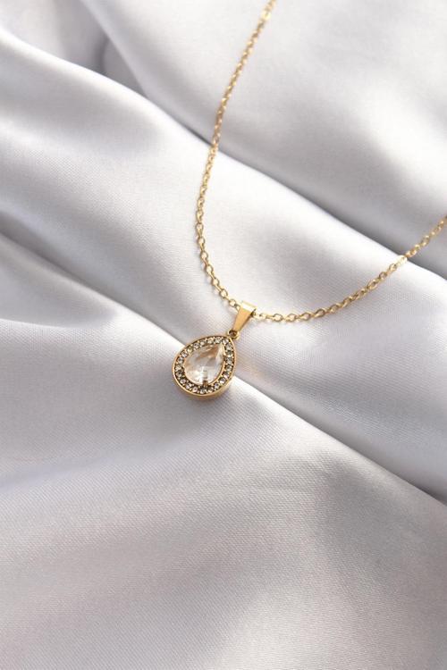 316L Çelik Taşlı Gold Renk Damla Tasarımlı Kolye 8474