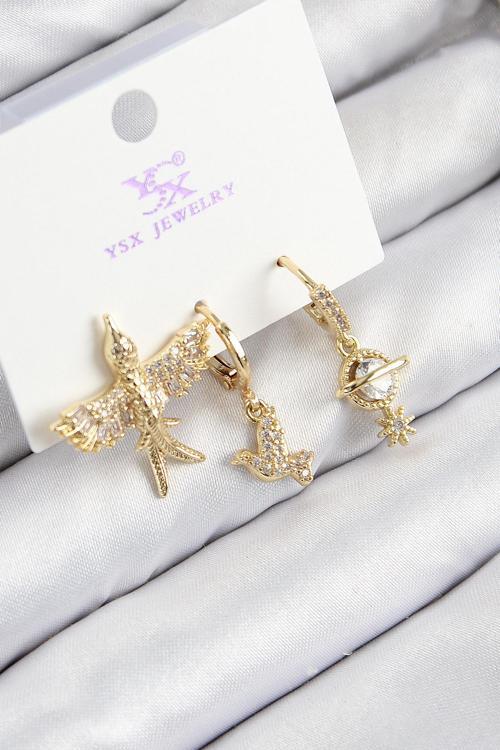 Pirinç Zirkon Taşlı 3'lü Kuş Model Gold Renk Kadın Küpe