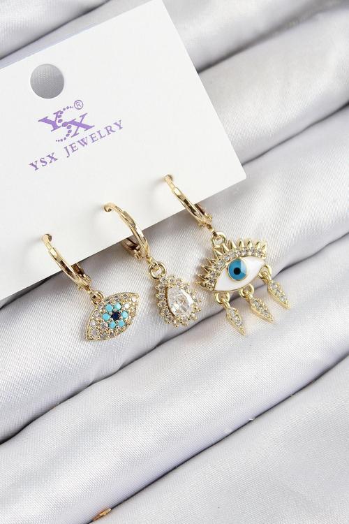 Pirinç Zirkon Taşlı 3'lü Fatma'nın Gözü Model Gold Renk Kadın Küpe