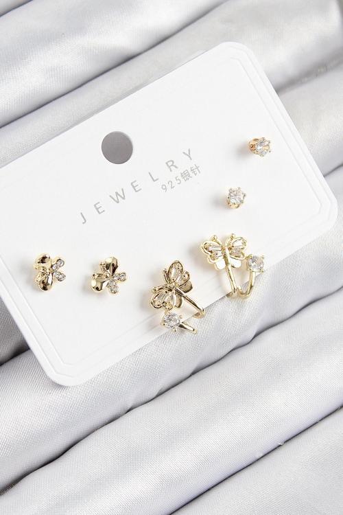 Pirinç Zirkon Taşlı Kelebek Model Gold Renk 925 Ayar Gümüş Çivi Kadın Küpe Set