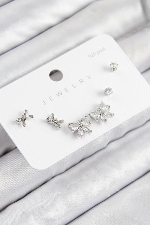 Pirinç Zirkon Taşlı Fiyonk Model Gümüş Renk 925 Ayar Gümüş Çivi Kadın Küpe Set