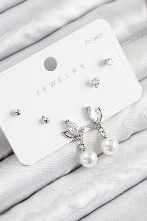 Pirinç Zirkon Taşlı İnci Sallantılı Damla Model Gümüş Renk 925 Ayar Gümüş Çivi Kadın Küpe Set