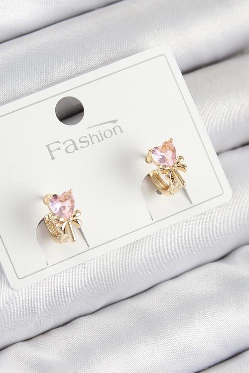 Pirinç Zirkon Taşlı Fiyonklu Kalp Model Gold Renk Çocuk Küpe