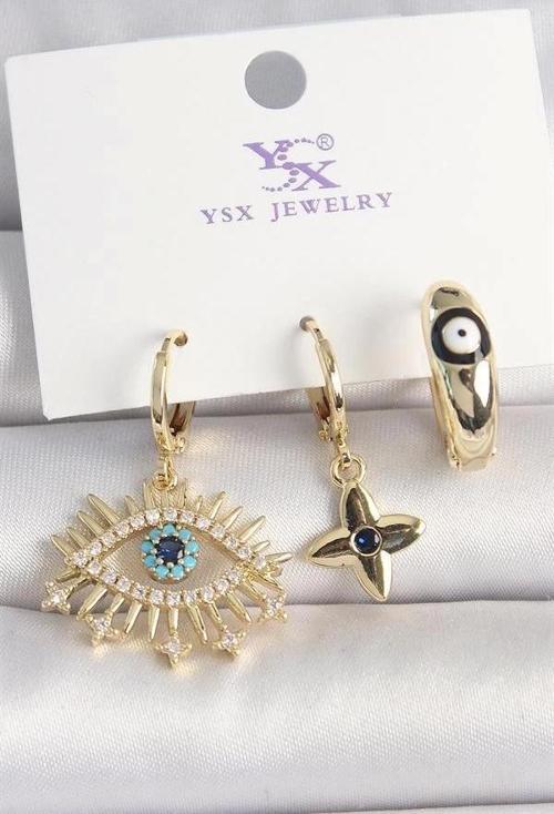 Pirinç Gold Renk Zirkon Taşlı Göz Figür Nazar Boncuk Detay 3'Lü Kadın Kombin Küpe