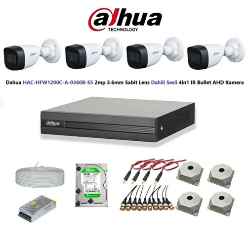 2mp 4 Kameralı Dış Ortam Dahili Sesli Full Kamera Seti 500gb Disk Hac-hfw1200c-a-0360b