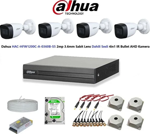 2mp 4 Kameralı Dış Ortam Dahili Sesli Full Kamera Seti 500gb Disk Hac-hfw1200c-a-0360b