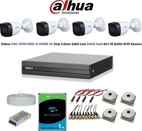 2mp 4 Kameralı Dış Ortam Dahili Sesli Full Kamera Seti 1tb Disk Hac-hfw1200c-a-0360b