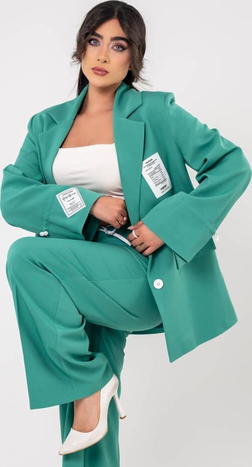 Etiket Baskılı Kol Detaylı Blazer Ceket Palazzo Pantolon Takım TKM16014